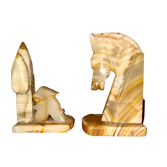 Handmade Other - Vintage Set Of 2 Carved Onyx Alabaster Marble Stone Bookends Horse Head Cactus
